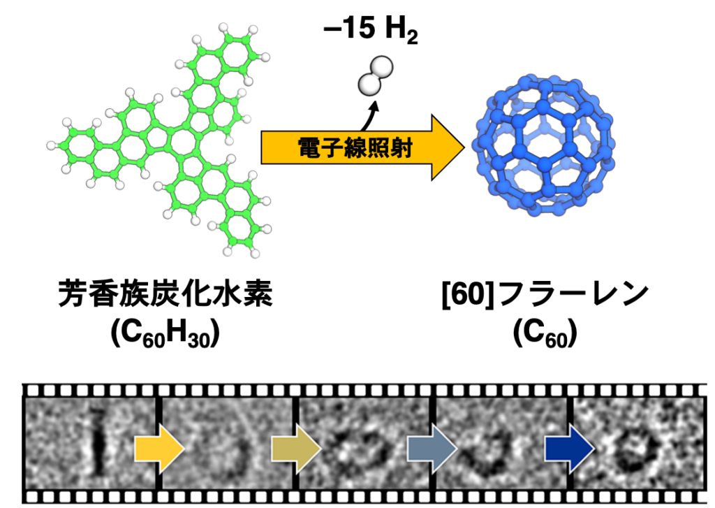 フラーレンの球状構造が組み上がる様子を映像で捉えることに成功しま